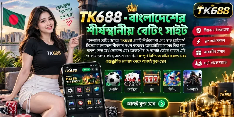 TK688 অনলাইন বেটিং প্ল্যাটফর্ম যা আন্তর্জাতিক মানের নিরাপত্তা, দ্রুত লেনদেন এবং এক্সক্লুসিভ বোনাস প্রদর্শন করছে।